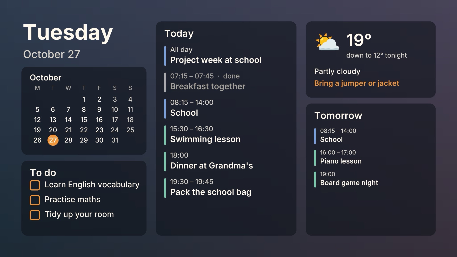 The daily plan in Art Mode: today's events, tomorrow, to-dos, weather and a month calendar