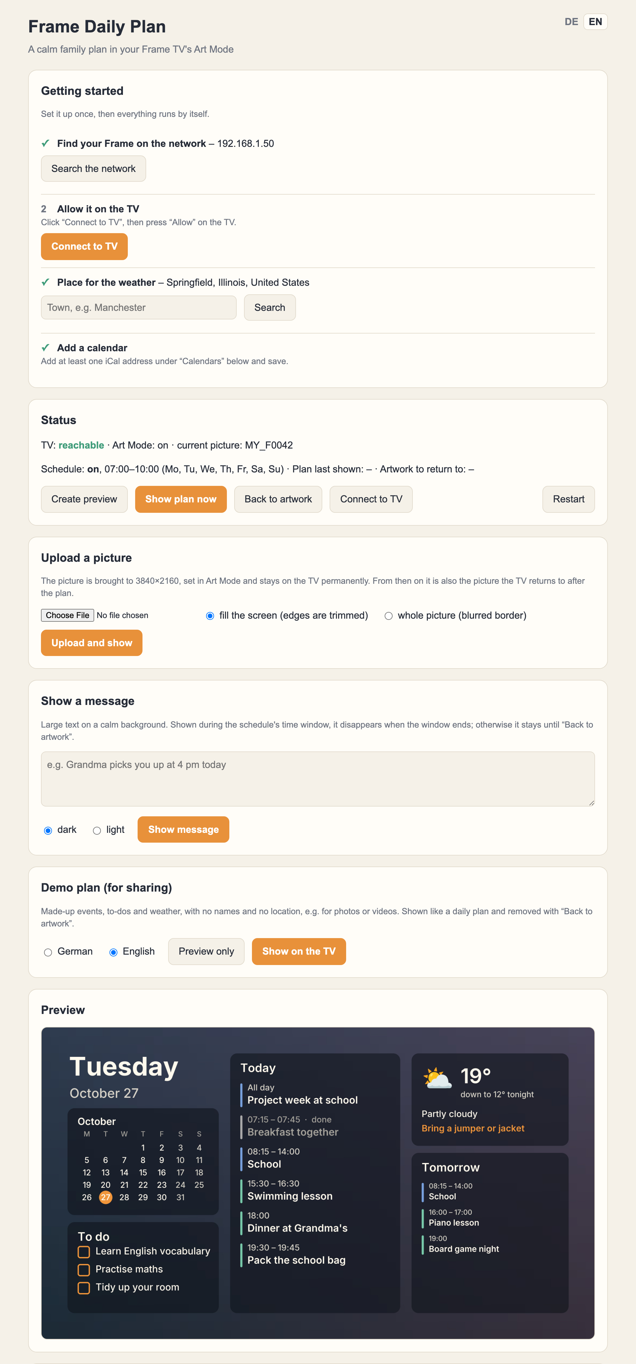 The web page with the setup steps, buttons and a preview